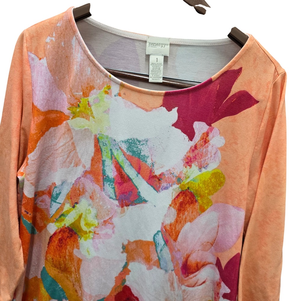 Zenergy by Chico's Women Orange Pink Floral 3/4 Sleeve Top Size 1 Medium